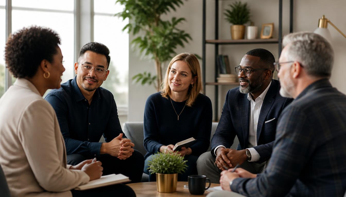 Church leaders collaborating in a bright modern room